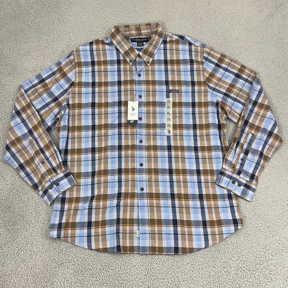US‎ Polo Assn. Shirt Men XXL Blue Tan Plaid Stretch Long Sleeve Button Down NWT